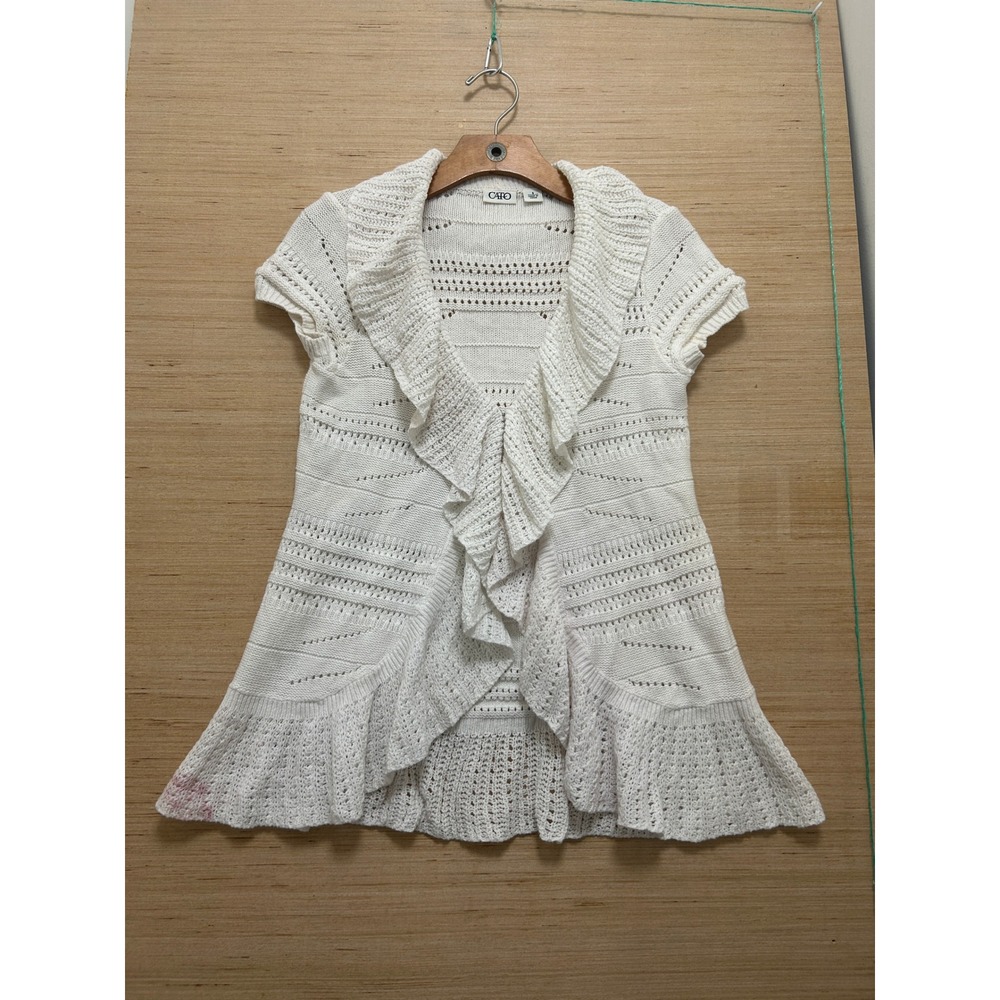 Cato Womens White Pointelle Ruffle Open Front Short Sleeve Cardigan Sweater S